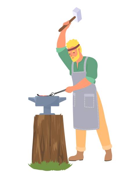 мужчина-мастер-кузнец наносит удар по векторной иллюстрации наковальни - manual worker one man only book hammer stock illustrations