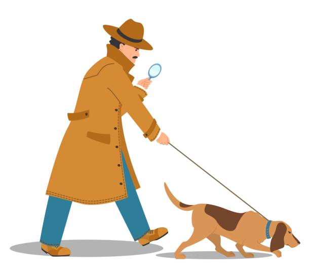 detektyw trzymający lupę podąża śladem psa - detective inspector forensic science searching stock illustrations