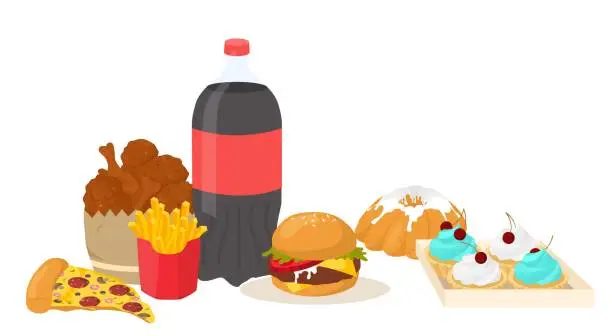 Vector illustration of Fast food set with burger, chicken leg, french fries, soda and desserts