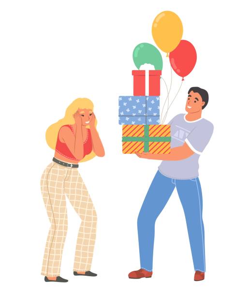 illustrations, cliparts, dessins animés et icônes de homme présentant des cadeaux pour l’illustration vectorielle féminine - valentines day gift box happiness joy