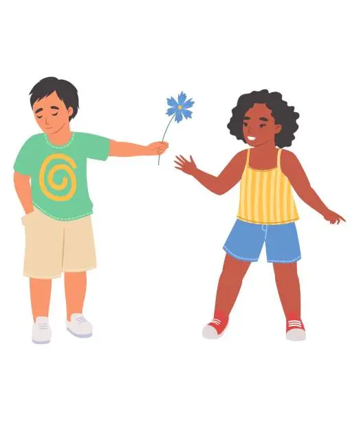 Vector illustration of Shy little boy giving flower to girl vector illustration