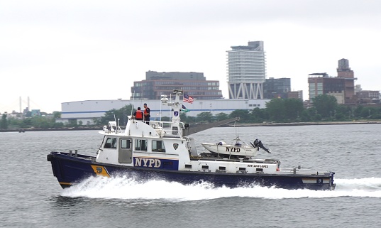 New York City police boat patrols the East River.