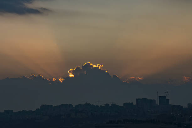 o céu sobre jerusalém, israel, ao nascer do sol - horizon over land israel tree sunrise - fotografias e filmes do acervo