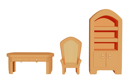 Set of antique furniture table, chair and wardrobe with shelves isolated on white background. 3d rendering