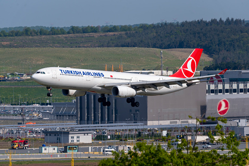 Istanbul, TURKEY - April 29, 2023: Istanbul Airport operated by IGA is the main hub of Turkish Airlines. Several THY aircraft land and take-off every day.