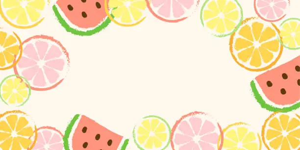 Vector illustration of Hello Summer. Horizontal vector background in a retro style with watermelon and orange slices