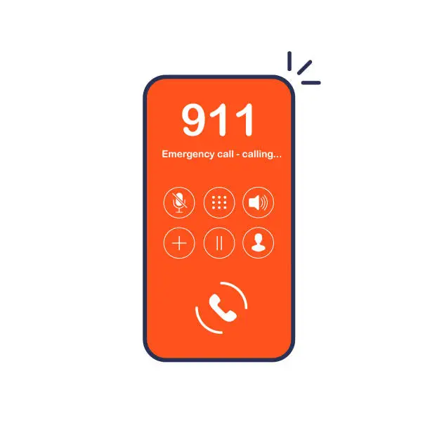 Vector illustration of Smartphone with emergency call on a red screen.