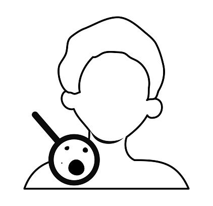 Melanoma diagnosis, dermatology examination, skin cancer prevention line icon. Faceless man checking moles, birthmarks under magnifier. Vector illustration