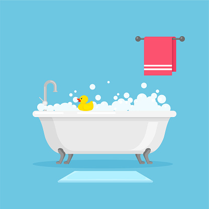 White ceramic bath full of foam with bubbles. Relax bathroom. Shower taps, yellow rubber duck, towel and foot mat. Vector illustration in trendy flat style isolated on blue background.