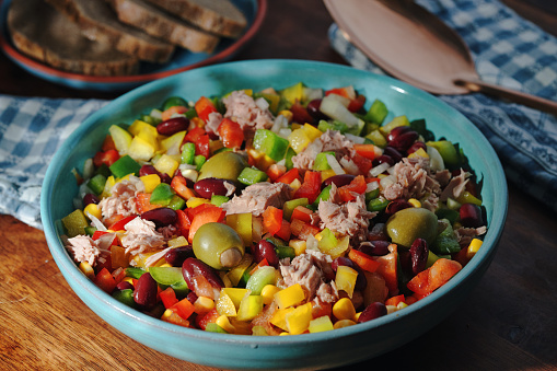 Tuna Salad with Bell Pepper, Corn, Onions, Kidney Beans and Olives