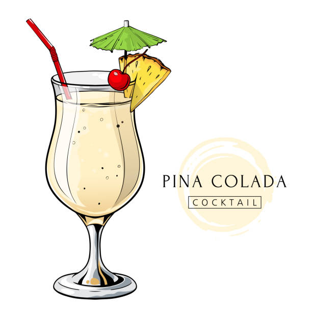 피나콜라다 칵테일, 파인애플 슬라이스와 체리를 곁들인 손으로 그린 알코올 음료. 흰색 배경에 벡터 그림 - coconut drink cocktail umbrella stock illustrations