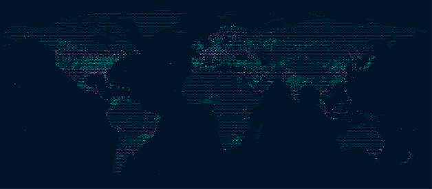 Turquoise blue world map digital data half tone dots pattern vector illustration. Dots based on lights on at night.