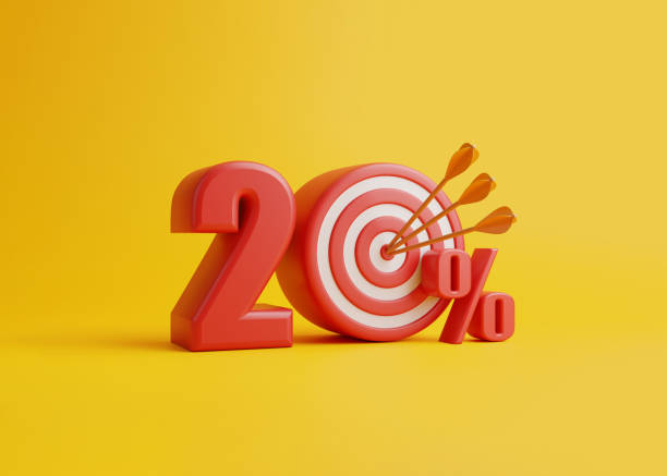 istock Red target with arrow form the number 20 percent on a yellow background 1487572961