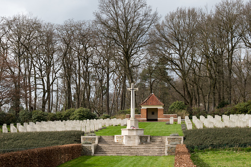 Monuments on the Allied War Cemetery in Mook in The Netherlands. The cemetery is the last resting place for 311 soldiers who fell in battle while liberating area around Mook.