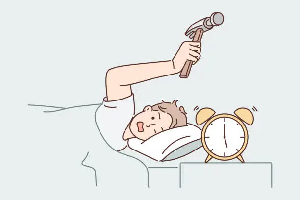 Vector illustration of Annoyed man hits alarm clock with hammer not wanting to wake up on day off and go to unloved job