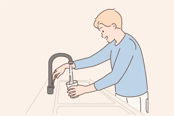 Vector illustration of Man draws water into glass from faucet with built-in purifying filter to quench thirst