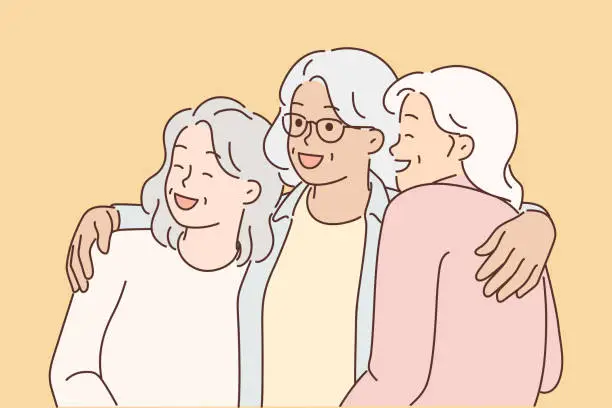Vector illustration of Three elderly women laugh and hug for first time having met after long separation
