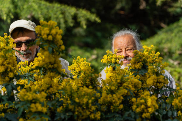 istock Active Senior Old Friends Having A Nice Day At  Park. 
Posing with yellow flowers. 1487575656