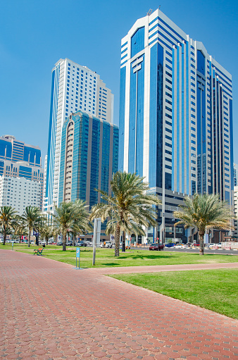 Dubai, UAE  april 09, 2023: Sharjah, Al Majaz Waterfront, high-rise buildings, Salam Tower Al Majaz, First Abu Dhabi Bank