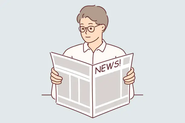 Vector illustration of Man holds newspaper reading news about latest business events and political changes or articles