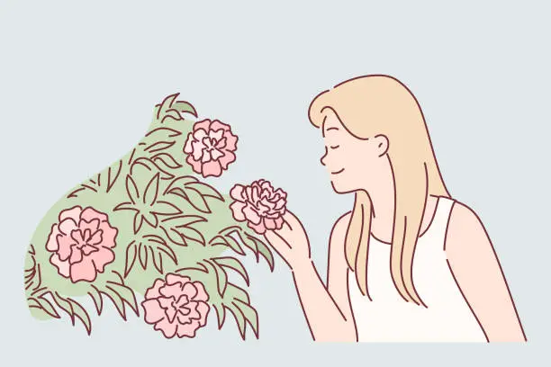 Vector illustration of Woman enjoys scent of rose flowers by inhaling scent while walking in park or greenhouse