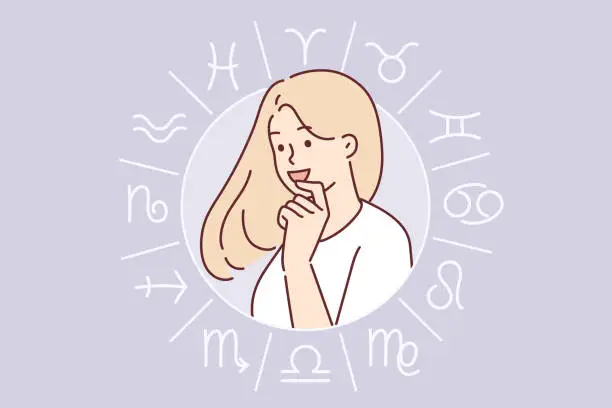 Vector illustration of Wheel with signs of zodiac around young woman contemplating astrological prediction