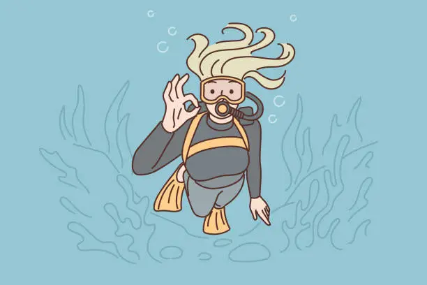 Vector illustration of Woman diver swims underwater in scuba gear and goggles showing OK gesture exploring underwater world
