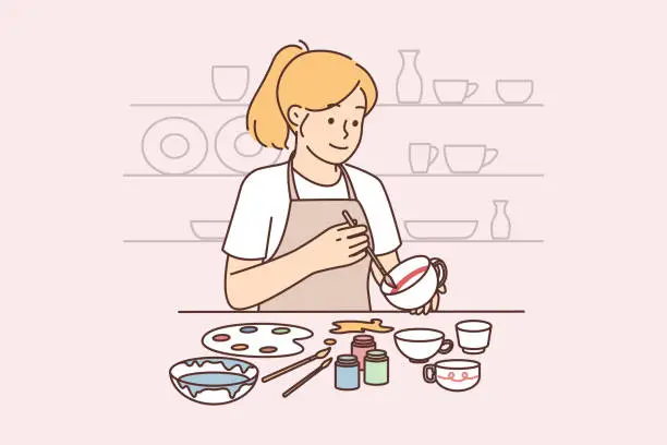 Vector illustration of Woman artist draws picture on pottery, wanting to give unique look to handmade products