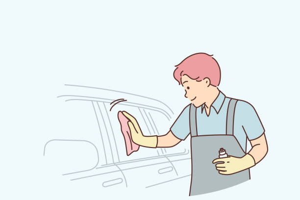 mitarbeiter der autowaschanlage poliert das glas der limousine mit einem speziellen spray, um glanz zu verleihen und wasser abzuweisen - van mechanic mini van repairman stock-grafiken, -clipart, -cartoons und -symbole