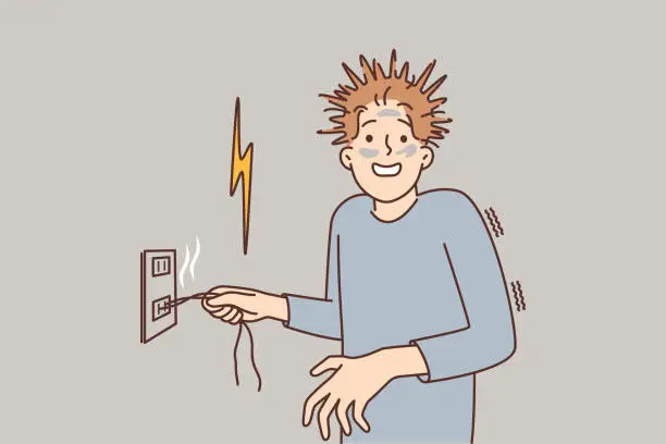 Vector illustration of Man received electric shock with shaggy hair is holding on to wire sticking out of outlet