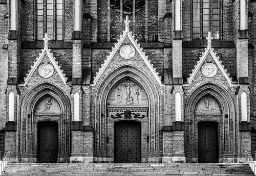 Gothic Revival Cathedral Basilica of the Assumption of the Blessed Virgin Mary in Bialystok, Poland - black and white image