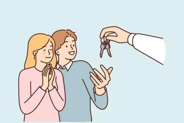 Vector illustration of Couple takes keys from hand of real estate agent or real estate agent who rents out apartment in good area