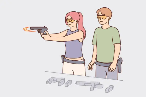 Vector illustration of Woman learns to shoot guns standing in shooting range with male instructor teaching use of weapons