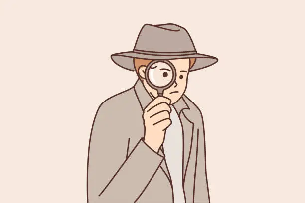 Vector illustration of Man detective use magnifying glass to investigate crime scene or looking for necessary information