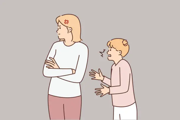 Vector illustration of Teenage girl yells at mother standing with arms crossed and not understanding children problems
