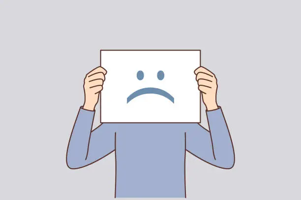 Vector illustration of Unhappy emotions on poster hiding man face for concept bad mental state of company employees
