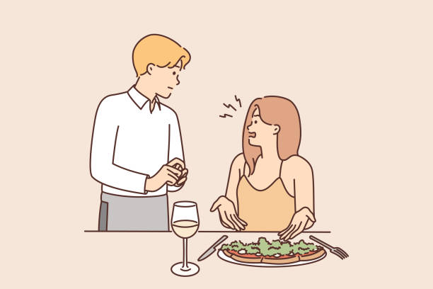 Restaurant visitor woman complains about quality of food and taste of served dish to waiter Restaurant visitor woman complains about quality food and taste of served dish to waiter standing near table. Dissatisfied girl guest of restaurant swears with service staff because spoiled products terrible meal stock illustrations