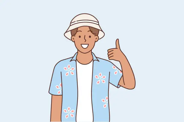 Vector illustration of Asian man in summer shirt showing thumbs up calling to visit songkran festival in Thailand