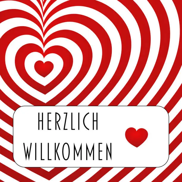 Vector illustration of Herzlich Willkommen - text in German language - Welcome. Vector graphic with red and white hearts.