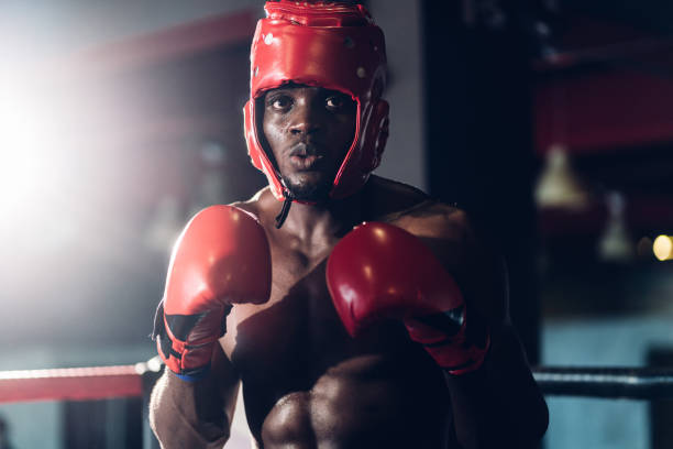 istock Boxer preparing for training in Boxing Club. Confident boxer standing in pose and ready to fight. Boxing fighters training at gym 1487580003