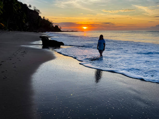 istock Woman walking on the beach sunrise 1487582889