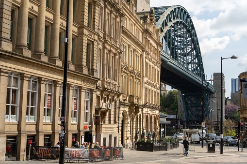 Newcastle upon Tyne, United Kingdom – May 03, 2023: An iconic view of the Tyne Bridge, from The Side in the city of Newcastle upon Tyne, UK.