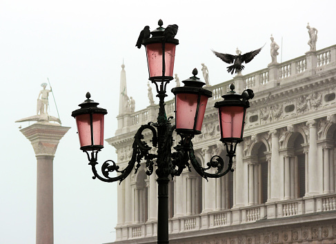Romantic view of a typical Venetian lamppost with doves. In the background, the Marciana Library and the column of San Teodoro wrapped in mist