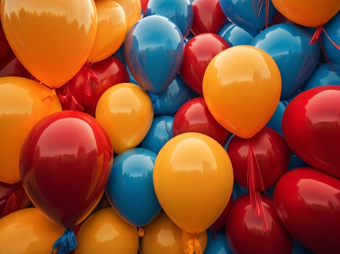 Background of colorful shiny balloons with ribbons