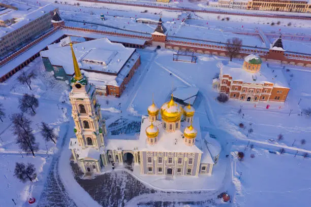 Aerial view of Tula Kremlin and Epiphany Cathedral, city downtow. Russia