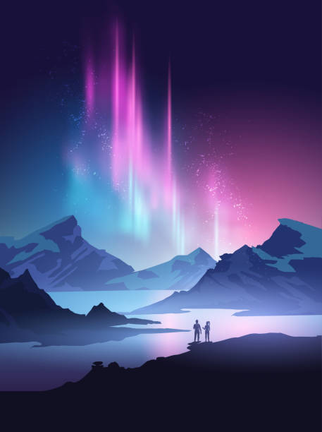 Hikers Admiring A View Of The Northern Lights and Beautiful Mountains Two hikers travelling and exploring stop to admire the Northern Lights aurora at night above a beautiful mountain range. northern lights stock illustrations
