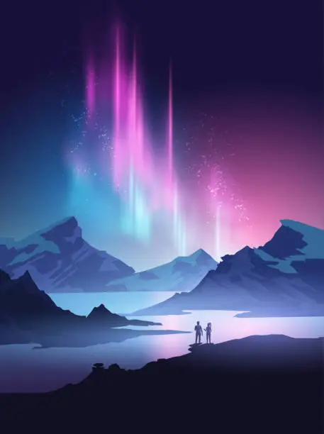 Vector illustration of Hikers Admiring A View Of The Northern Lights and Beautiful Mountains