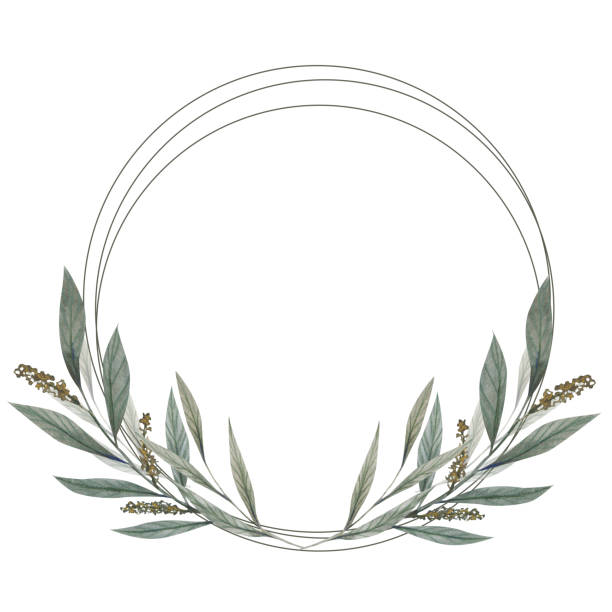 istock Watercolor floral illustration - leaf wreath. Frame with gold geometric shape, for wedding stationary, greetings, wallpapers, fashion, background. 1487594419