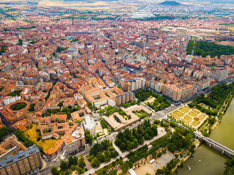 Panoramic aerial view of  district of Valladolid with modern apartment buildings and river