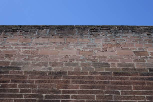 istock Red brickstone wall under blue sky (low angle view), use: background, wallpaper, texture 1487595637